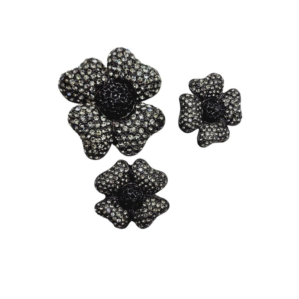 Vintage Signed Carlisle Pave Rhinestone Flower Brooch & Earrings Set (A1202)